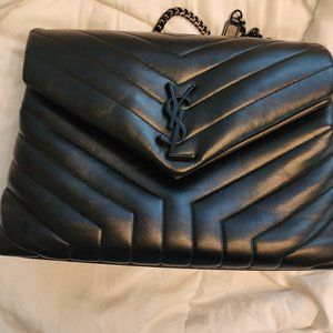 YSL Medium Black on Black LOULOU CHAIN BAG IN QUILTED "Y" LEATHER